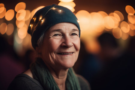 Portrait of a senior woman in hat and scarf at Christmas marketの素材