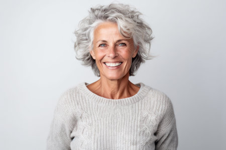 Portrait of a happy senior woman smiling at camera isolated on a white backgroundの素材