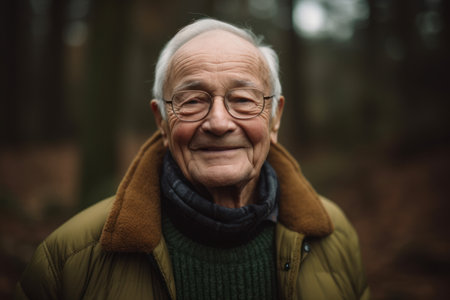 Portrait of a smiling senior man standing in the forest. Retired people.の素材