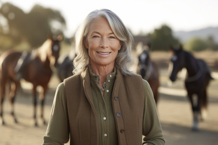 Portrait Of Mature Woman With Horses In Background, Side Viewの素材