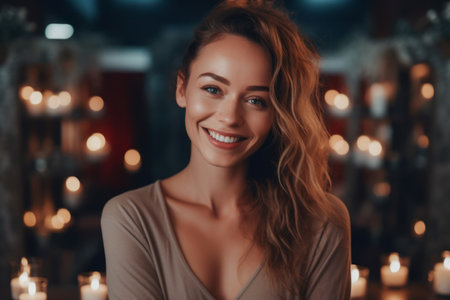 Portrait of a beautiful young woman in a room with candles.の素材