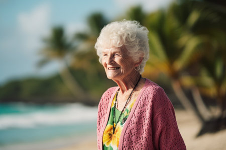Portrait of happy senior woman on the beach at day timeの素材