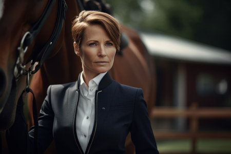 Portrait of a beautiful woman in a suit with a horse.の素材