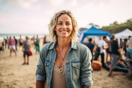 Portrait of smiling woman standing on beach with friends in background.の素材