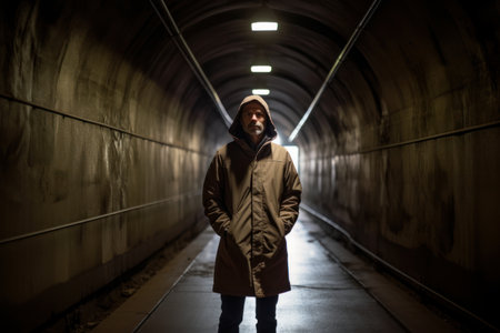 A man in a raincoat and hoodie standing in a tunnelの素材