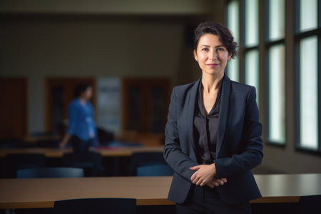 Portrait of smiling businesswoman standing with arms crossed in conference roomの素材
