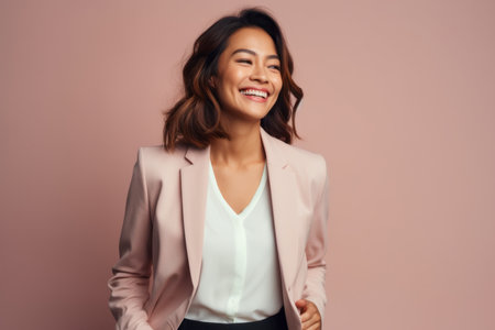 happy asian businesswoman in beige suit posing isolated on pinkの素材