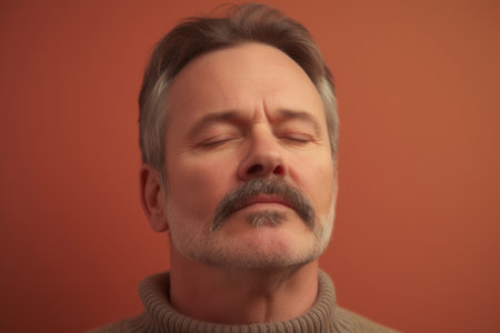 Portrait of a middle-aged man on a red background.の素材
