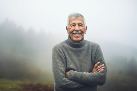 Portrait of smiling senior man standing with arms crossed in autumn forestの素材