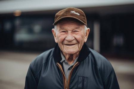Portrait of an elderly man in a cap with a smile.の素材