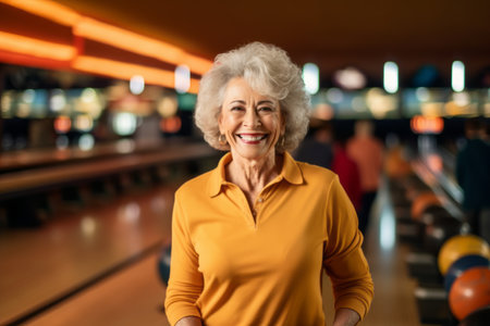 Portrait of smiling senior woman standing with hands in pockets in bowling clubの素材
