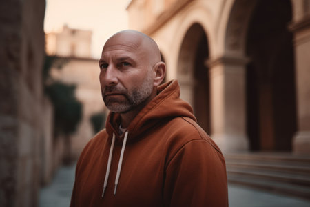 Portrait of a bald man in a red coat in the cityの素材