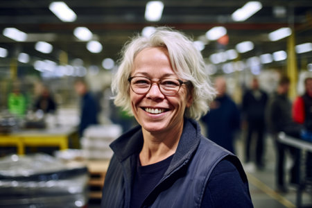 Portrait of a happy senior woman standing in a warehouse, looking at camera.の素材