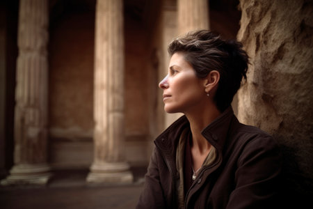 Young woman in front of ancient columns in Rome, Italy, looking awayの素材