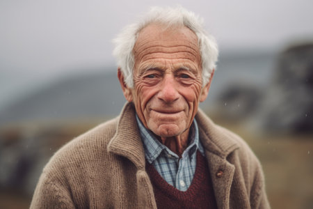 Portrait of a senior man with gray hair outdoors in winter.の素材