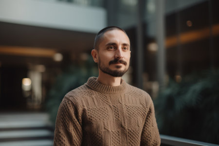 Portrait of a handsome man with a beard in a beige sweater on the background of a modern buildingの素材