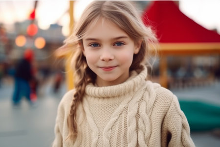 Portrait of a cute little girl in a warm knitted sweater.の素材