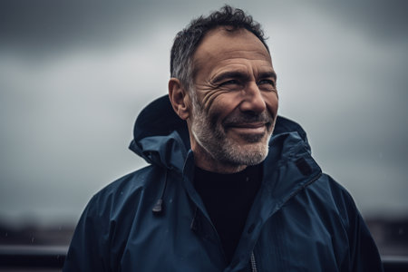 Portrait of a handsome senior man with gray hair and beard wearing a blue jacket.の素材