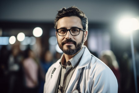 Portrait of a handsome doctor with stethoscope in a hospitalの素材