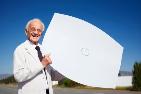 Happy senior businessman holding a blank white sheet of paper on the roadの素材