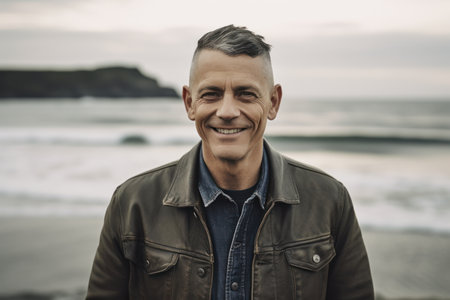 Portrait of a smiling mature man standing on the beach at sunsetの素材