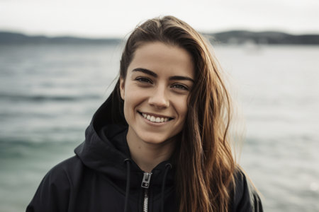 Portrait of a beautiful girl in a black jacket on the beachの素材