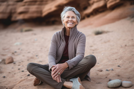 Portrait of smiling senior woman sitting on rock in desert during sunny dayの素材
