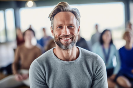 Portrait of smiling mature businessman with colleagues in background at creative officeの素材