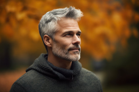 Portrait of a handsome mature man in the autumn park. Men's beauty, fashion.の素材