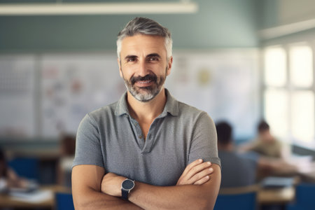 Portrait of confident mature businessman standing with arms crossed in modern officeの素材