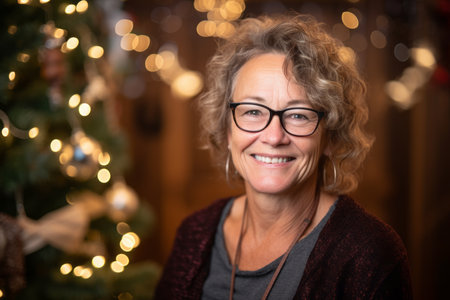 Portrait of smiling senior woman with christmas tree in the backgroundの素材