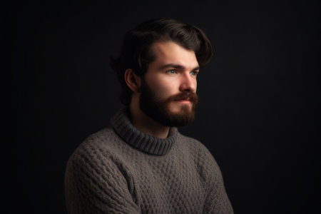 Portrait of a bearded man in a sweater on a black backgroundの素材