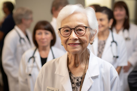 Portrait of smiling senior female doctor in front of group of doctorsの素材