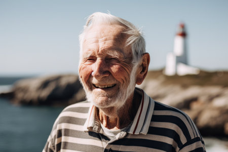 Portrait of smiling senior man standing near lighthouse at the seasideの素材
