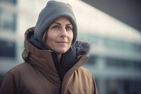 Portrait of mature woman wearing coat and hat on street in winterの素材