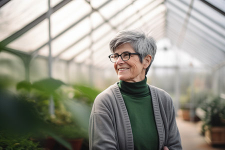 Portrait of a smiling senior woman standing in a greenhouse with plantsの素材