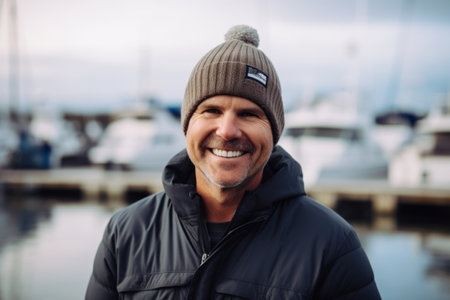 Portrait of smiling man in winter hat and jacket standing on pierの素材