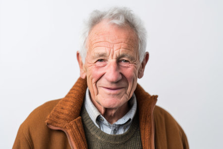 Portrait of a senior man with gray hair and a brown sweater.の素材