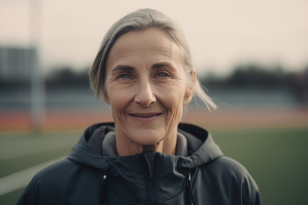 Portrait of smiling senior sportswoman looking at camera on stadiumの素材