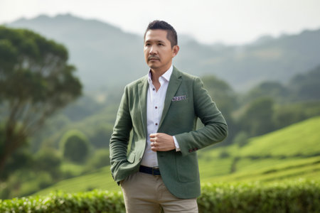 asian man wearing green suit and standing in tea plantation with mountain backgroundの素材