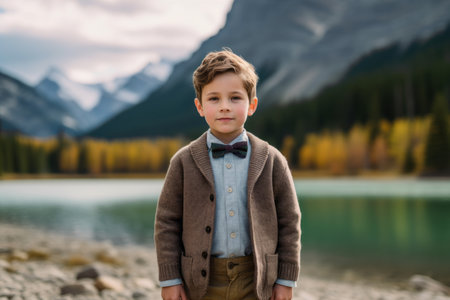 Outdoor portrait of a cute little boy, wearing a brown jacket and bow tie, standing by a mountain lakeの素材
