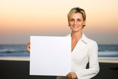 Businesswoman holding a blank sheet of paper on the beach at sunsetの素材