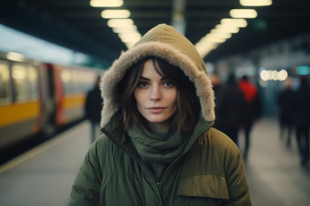 Portrait of a young woman in winter clothes at the train stationの素材