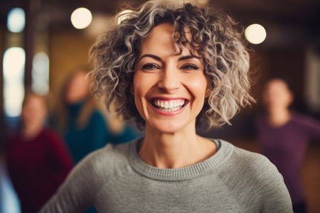 Portrait of smiling businesswoman with colleagues in background at creative officeの素材