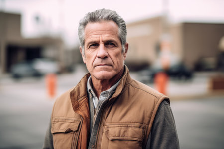 Portrait of senior man with grey hair outdoors. Senior man looking at camera.の素材
