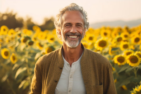 Portrait of smiling senior man standing in sunflower field at sunsetの素材