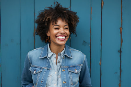 Close up portrait of a beautiful young african american woman smiling against blue wooden wallの素材
