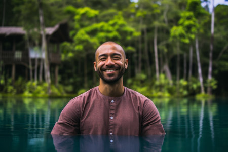 Portrait of a young man smiling at the camera while standing in a lakeの素材