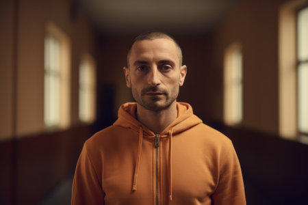 Portrait of a young man in an orange hoodie against a dark background.の素材
