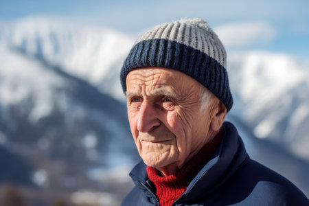 Portrait of a senior man in winter hat against the background of snowy mountainsの素材